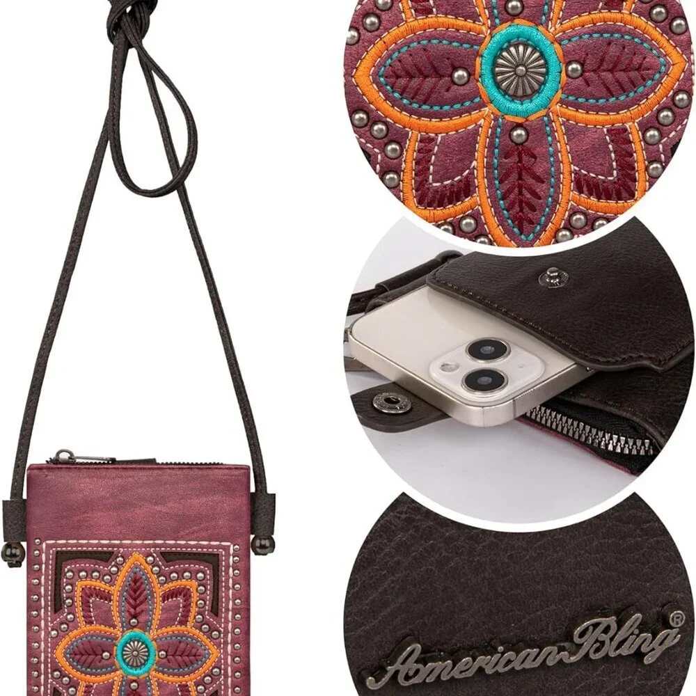 Small Western Vegan Leather Crossbody Phone Bag with Fringe Silver Studs